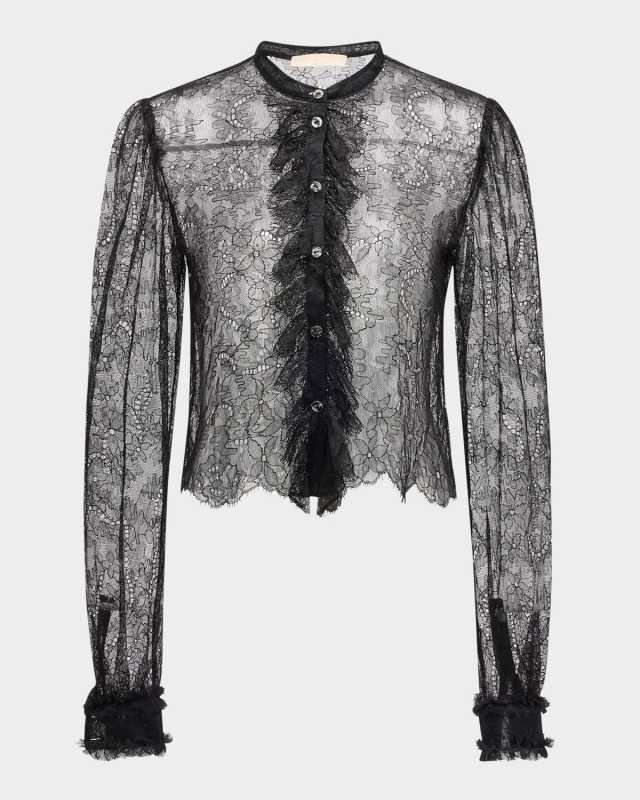 Cecile Ruffle-Trim Floral Lace Blouse
